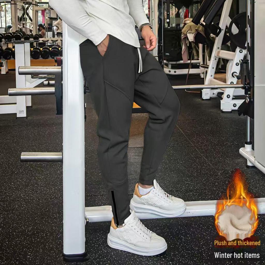 Men's Loose-Fit Plush Sweatpants: Thick, Autumn/Winter, Straight-Leg, Zippered Fitness Trousers for Running and Casual Wear.