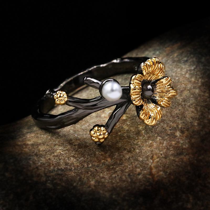 Silver Exquisite Daisy Flower Rings for Women Retro Wedding Black Gold Baroque Pearl Branches Vintage Ring Jewelry Gift