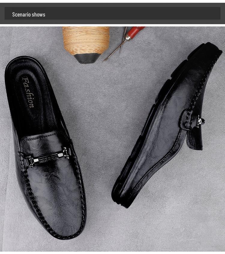 Men's Large Size Genuine Leather Closed-Toe Backless Slippers - Soft Sole Cowhide Summer Sandals