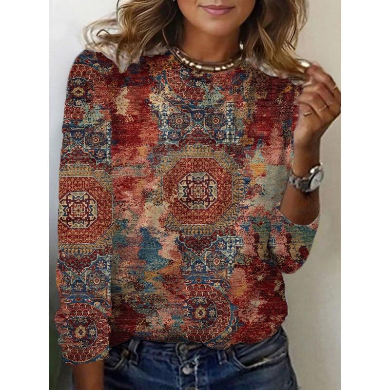 Trendy Women's Round Neck T-shirt 3D Digital Printed Long Sleeved T-shirt