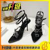 High heels women's 2025 open-toed rhinestones one-word buckle women's shoes stiletto Roman style black sexy sandals