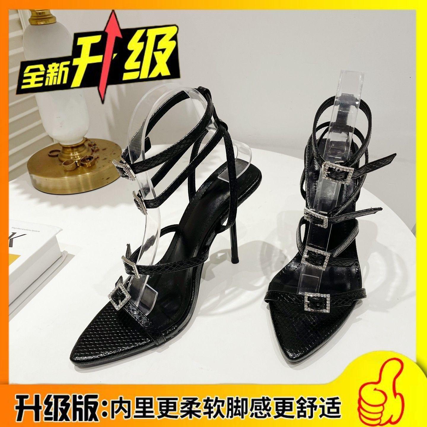

High heels women s 2025 open-toed rhinestones one-word buckle women s shoes stiletto Roman style black sexy sandals 42
