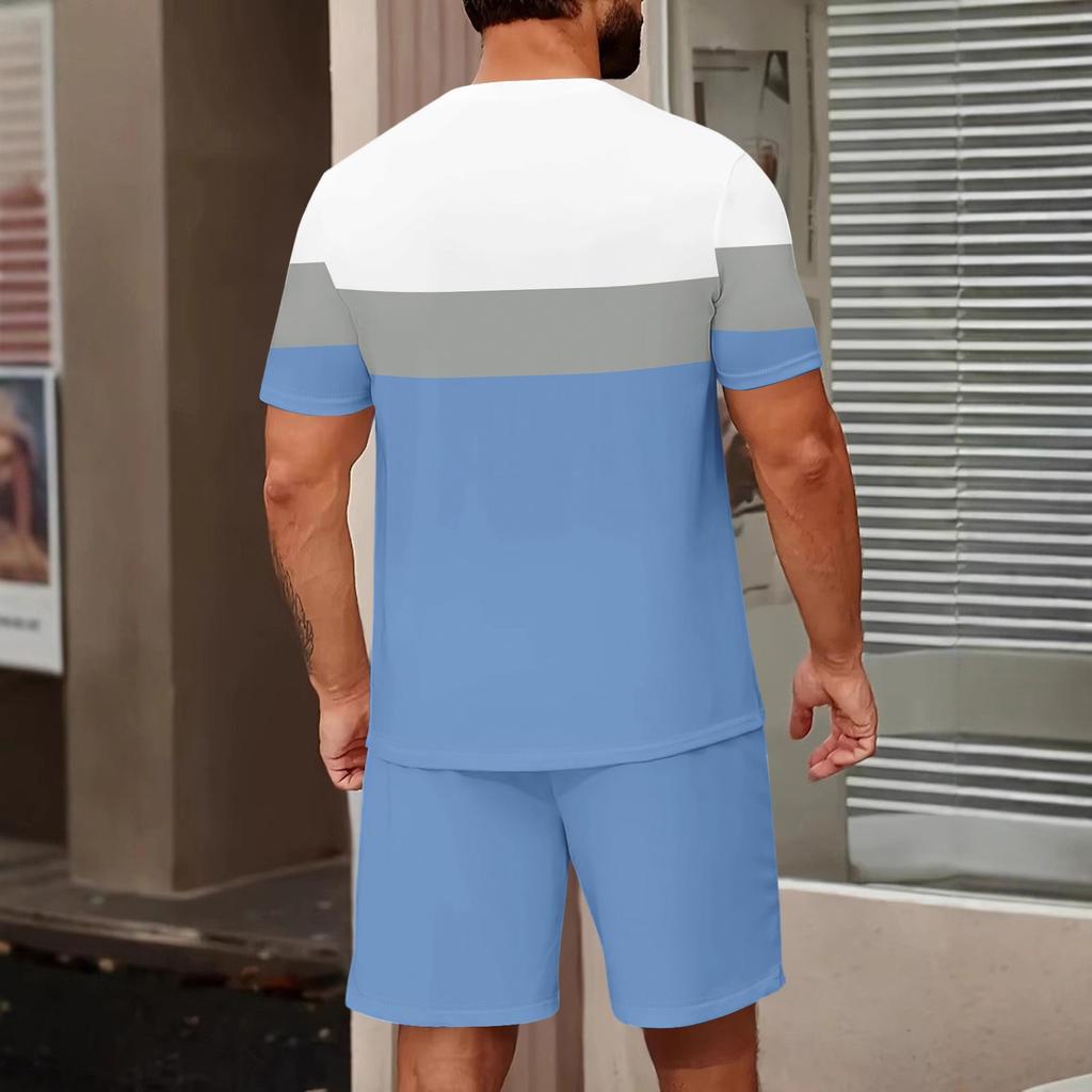 Men Stripe Print Casual Short Sleeve Crewneck Top and Shorts Two Piece Set Relaxed Fit Lightweight Outfit