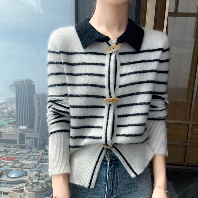 Women's Striped Cashmere Knit Cardigan with Polo Collar - Long Sleeve, Loose Fit, Warm Sweater Coat