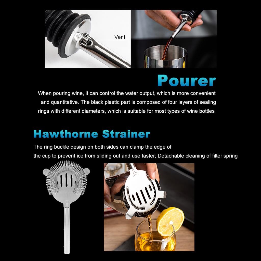 700ml Edelstahl Cocktail Set Boston Shaker Mixer Getränkezubereitungs-Werkzeugset 11-teilig für Heimbar-Nutzung Schwarz+Silber