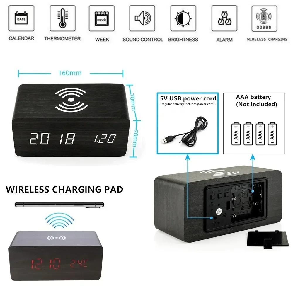 Wooden Digital Alarm Clock with Wireless Charging and LED Display, Time Date Temperature Desk Clock for Office and Bedside