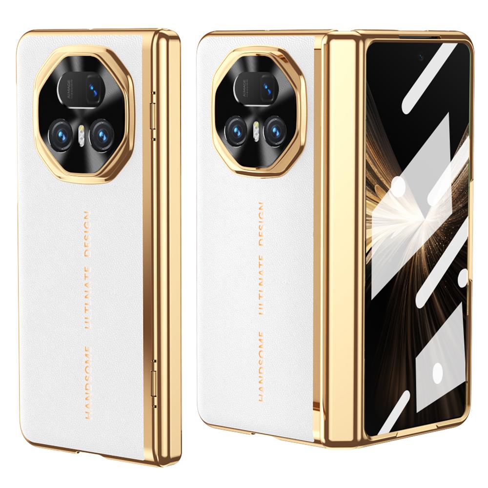 

Для Honor Magic V5 5G Чехол из ПУ кожи+ПК с гальваническим покрытием Чехол для телефона с защитной пленкой для переднего экрана White