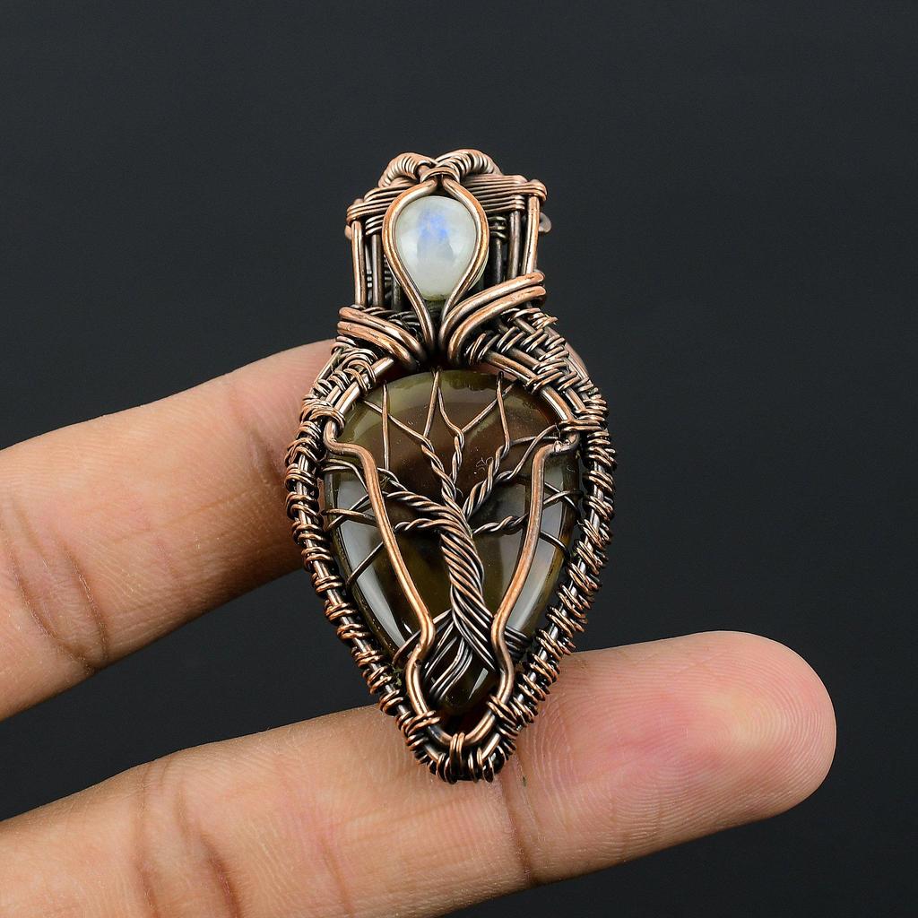 Montana Agate & Rainbow Moonstone Pendant, 999 Copper Wire Wrapped Handmade Brand New Jewelry, Gift For Him Gemstone Pendant For Women