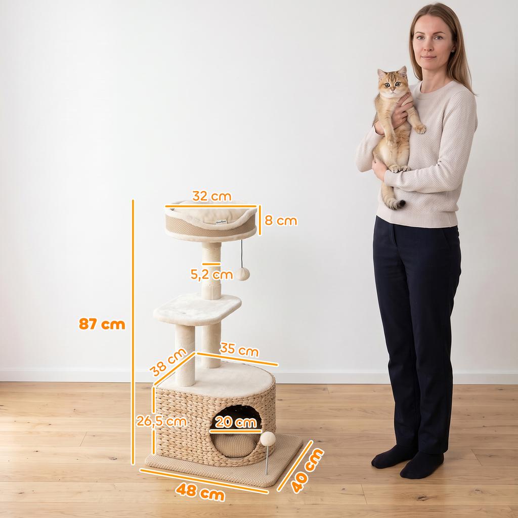 Cat Tree Modern Design Woven Style with Scratching Post 4 Levels Cattail Nest Perch In Jute 87 Cm Beige