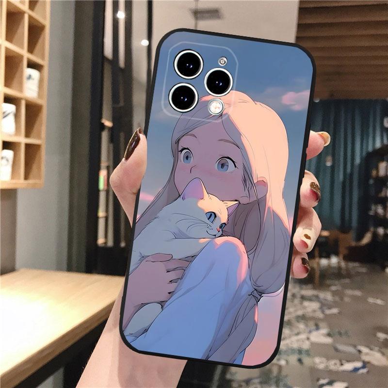 Anime Girl Woman Holding a Cat Phone Case For iphone 16 15 14 Pro Max 16 15 14 13 12 Pro 15Plus iphone 11