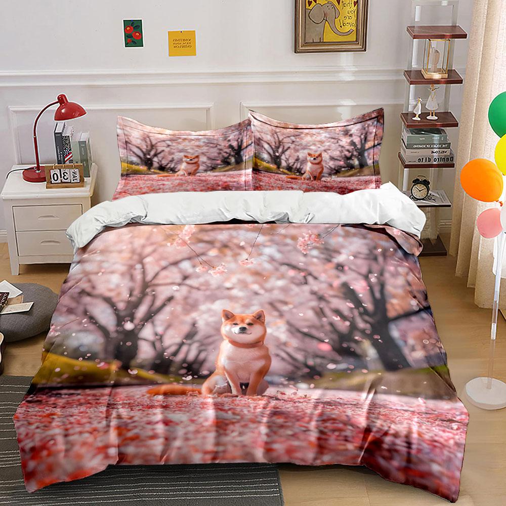 Dog Cherry Blossom Scenery Set Multiple Sizes Kid'S And Adults' Bedroom Exquisite 3Pc Bedding Set, Gift