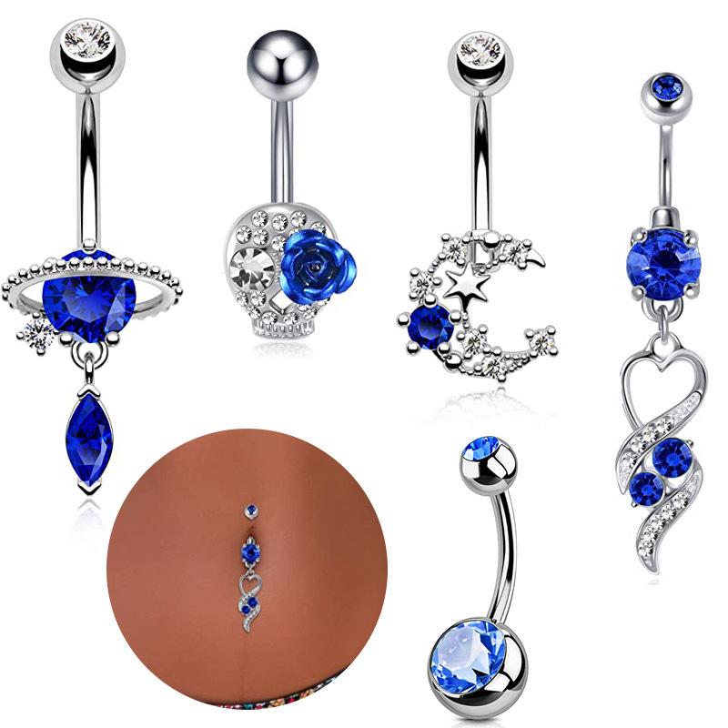 

Blue Zircon Moon & Water Drop Belly Button Ring Set - 5 Pieces
