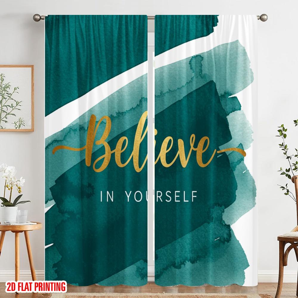 2pcs 2D Flat Printing Window Drapes Believe Yourself Golden Brushstrokes Fabric Without Electricity Festive Wall Decor Perfect