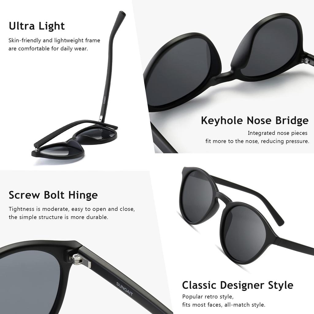 Sungait Polarized Sunglasses Vintage Round Retro Style UV400 Matte Black Frame Gray Lens SGT166HEIKHU Women's Men's