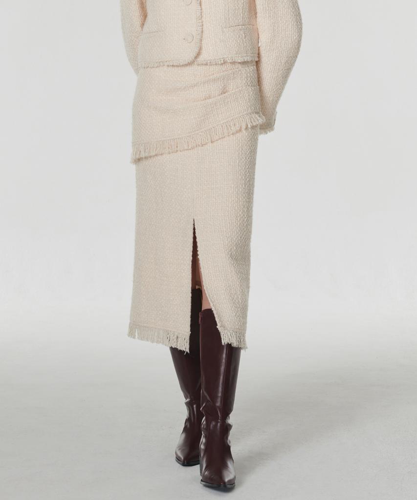 Aussel Fringed Wool Tweed Skirt Cream
