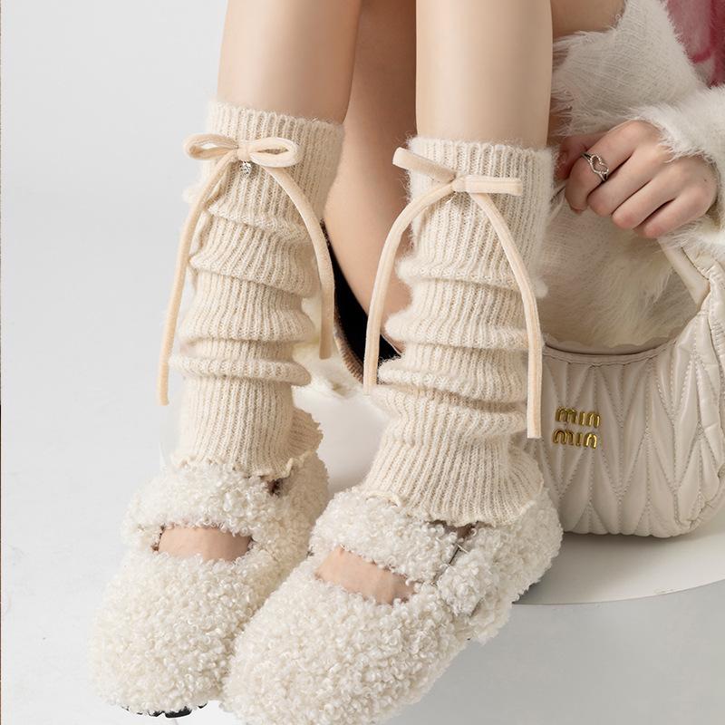 Boots Cotton Bow Socks Cover Wool Thickened Warm Flanged Stacking Socks Korean Girl Leg Cover