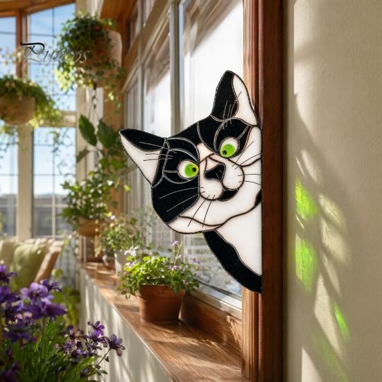 Sunlight Catching Cat Sticker Stained Glass Window Cling, Vintage Colorful Kitty Decal, Removable Static Decor for Door Wall Car, UV-Resistant