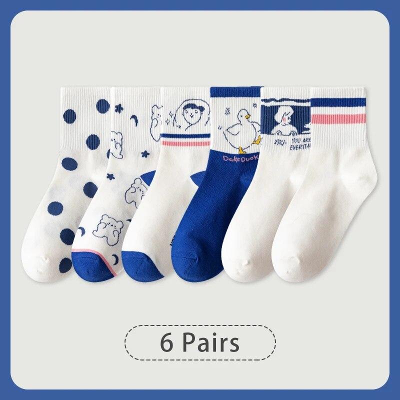 6 Pairs of Spring Summer Women Is Medium Socks Hose Khaki Vintage Flower Diamond Plaid Stripe Sweet and Comfortable