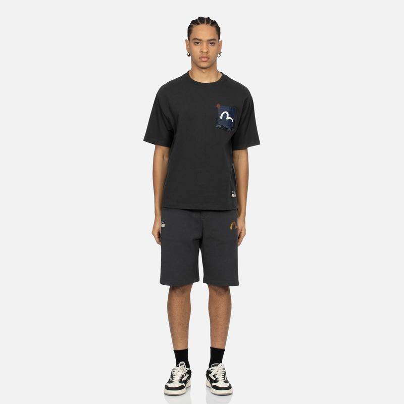 Evisu Seagull Brush Print And Patchwork Wide Casual Short Sleeve T-Shirt Men Tops 2ESHTM4TS7082RXCT