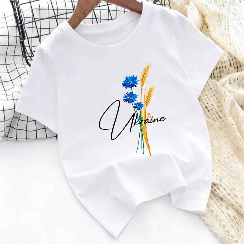 Kids Summer Crew Neck Short Sleeve T-Shirt with Blue Flower & Wheat Ear Print 110 белый