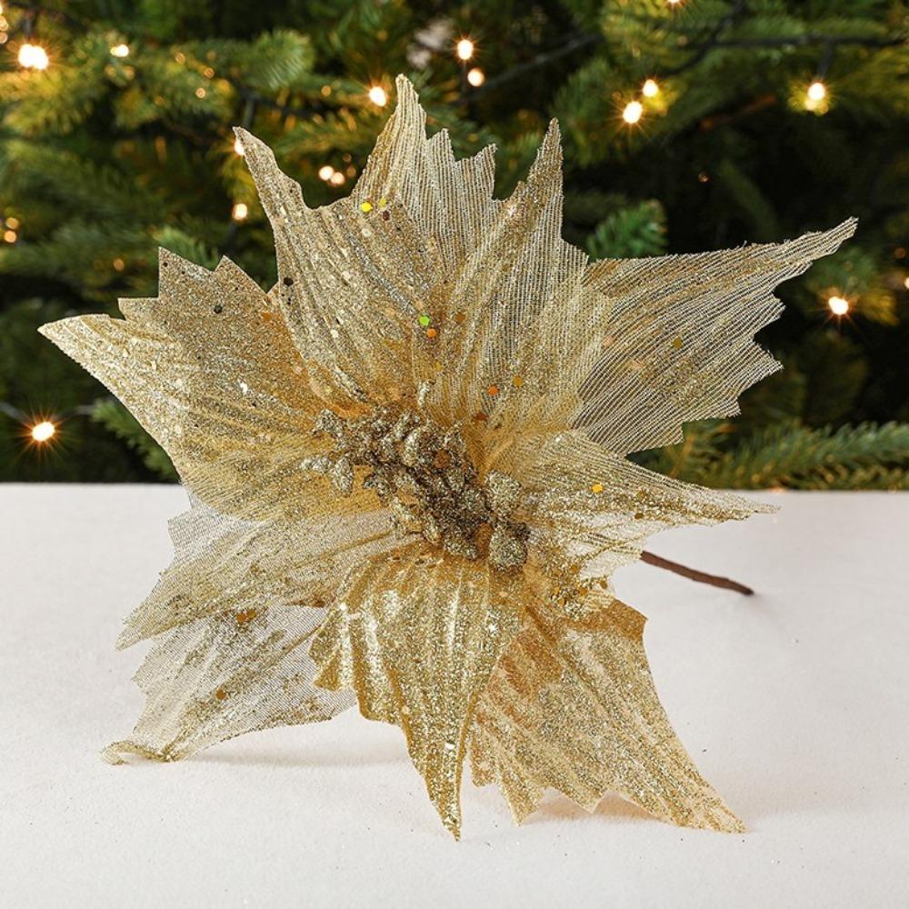 Glitter Christmas Glitter Artificial Flowers Large 30cm with Stems Xmas Tree Flowers Ornaments Creative Cute