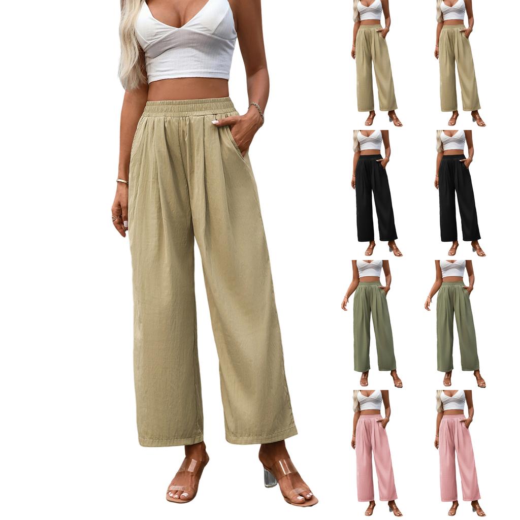 Women's Casual Fashion Solid Color Elastic Waist Pocket Wide Leg Straight Leg Cropped Pants