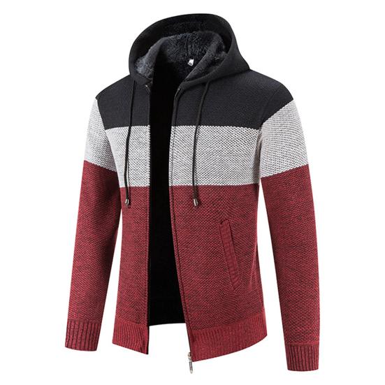Pánský svetr s kapucí Kabát Color Block Dlouhý rukáv Stahovací šňůrka Slim Fit Podzim Zima Plyšová Podšívka Pletený svetr Cardigan Streetwear