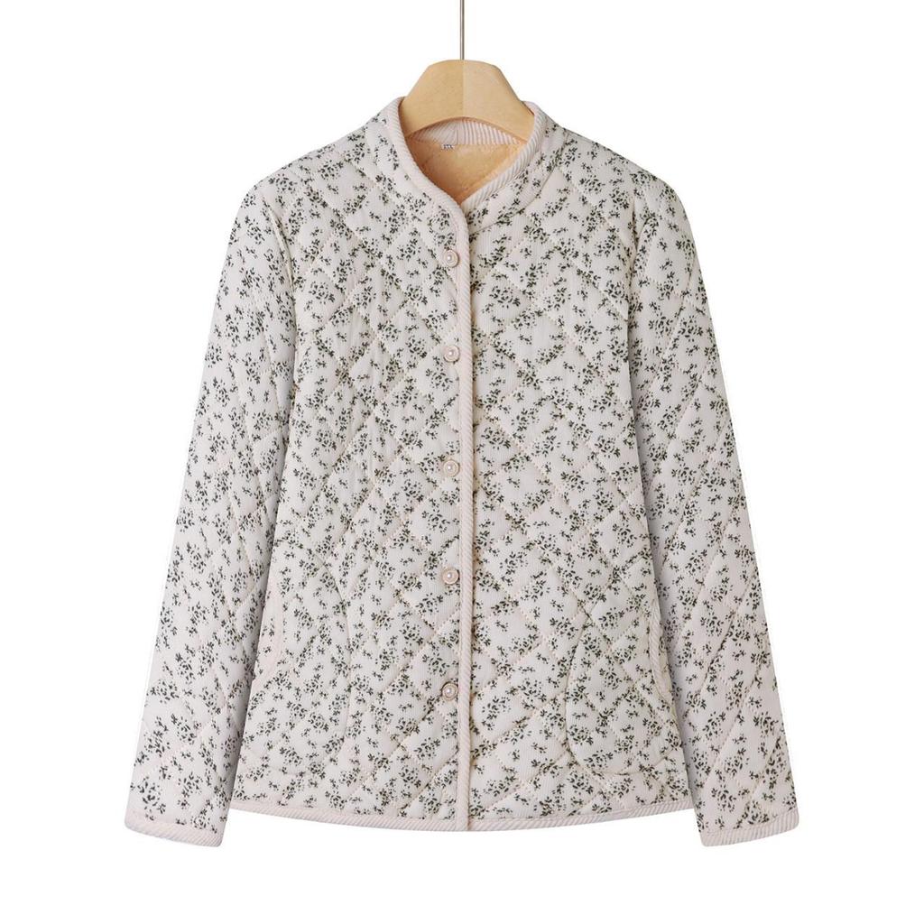Zimná bavlnená bunda s kvetinovým vzorom a fleecovou podšívkou pre ženy stredného veku 2025 - Teplá, Hrubá, Omladzujúci štýl so stojačikom