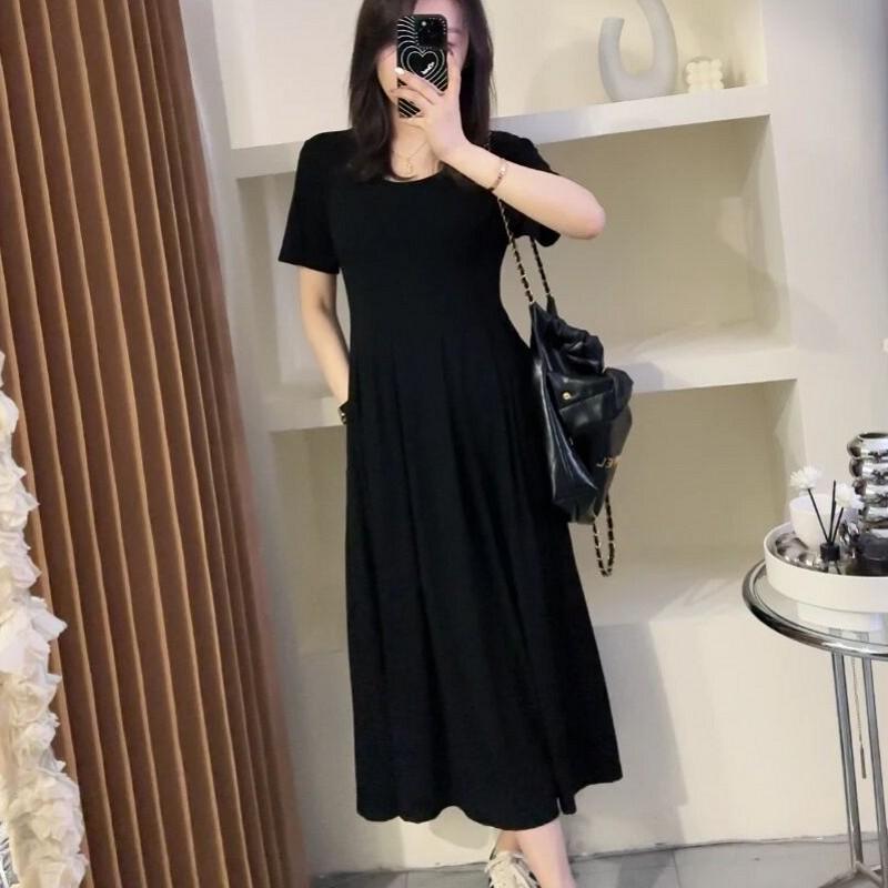 

Summer new slightly fat mm to cover the stomach and look thin Korean version loose simple fashion casual pleated short-sleeved dress women M чёрный