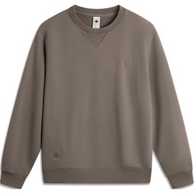 Li Ning China Color Series Solid Color Crew Neck Pullover Casual Long Sleeve Sweatshirt Men Sweatshirt Tree-Gray Brown AWDU657-5