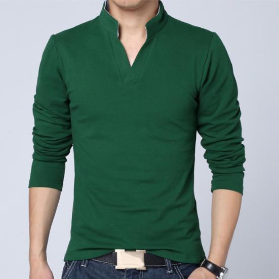 Solid Color Men Plus Size Stand Collar V Neck Long Sleeve T-Shirt Slim Fit Top