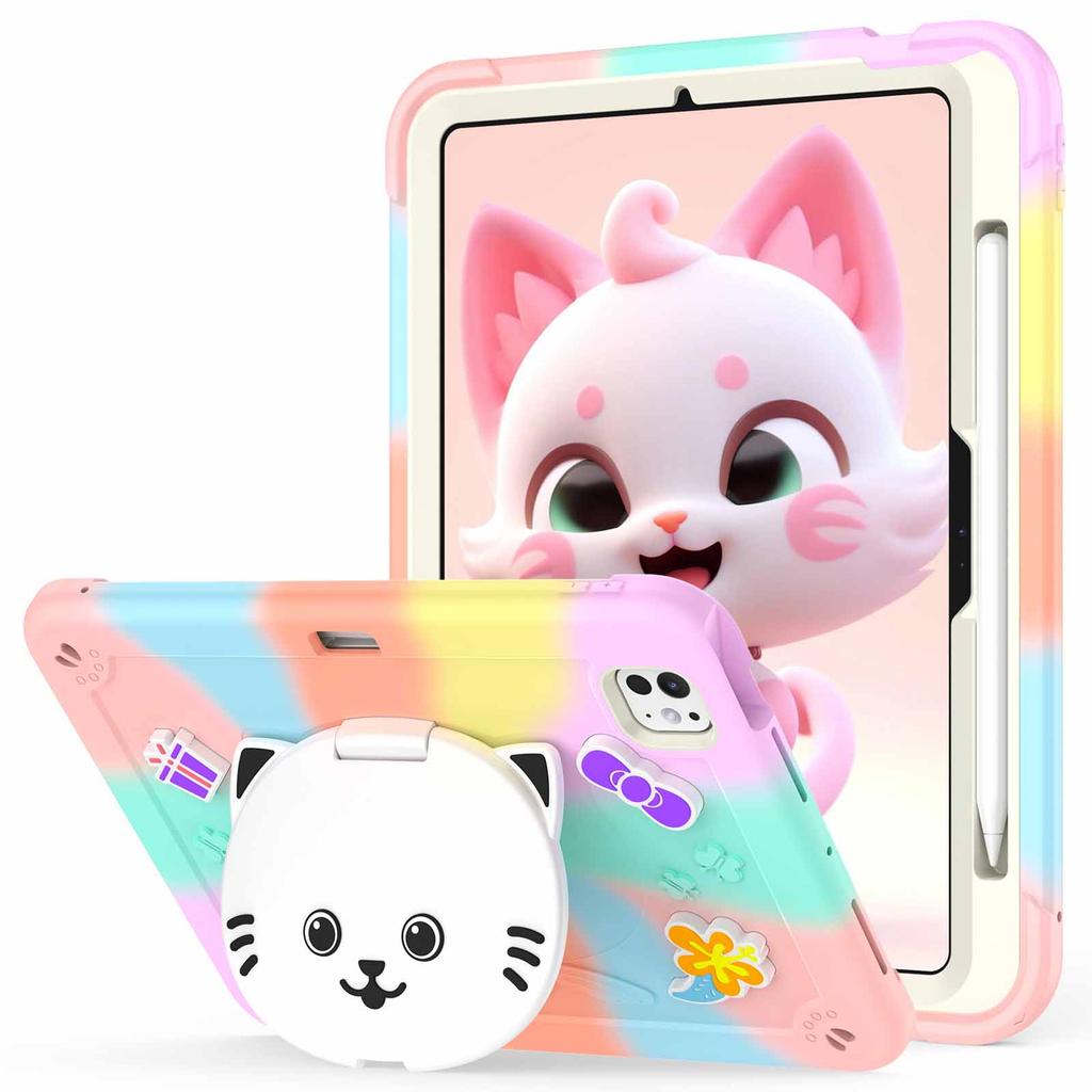 For iPad Pro 11 (2025)/11 (2024) Case with Cat Kickstand PC + Silicone Colorful Tablet Cover