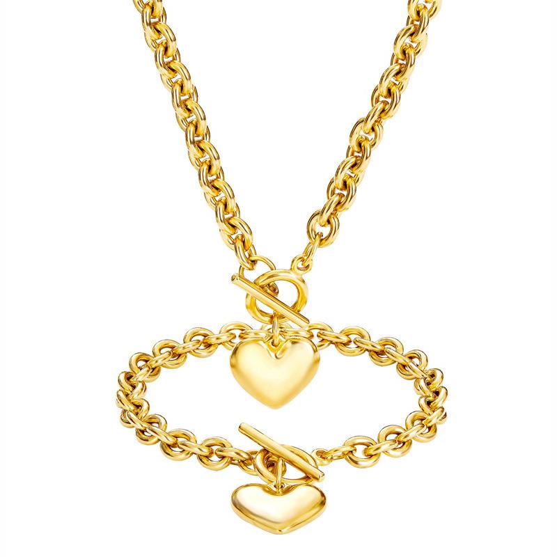 Simple and Trendy OT Snap-on Glossy Smooth Stainless Steel Heart Pendant Necklace and Bracelet for Both Men and Women