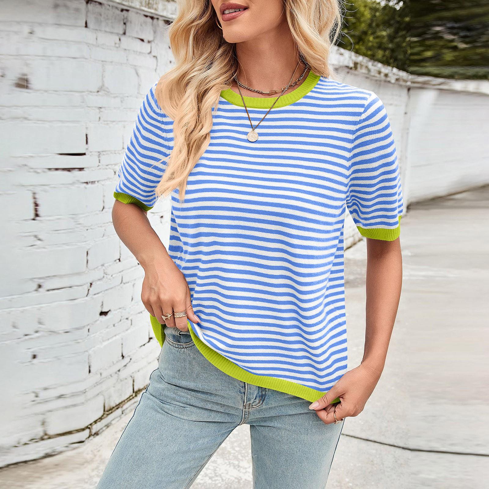 

Женская мода весна-лето повседневный полосатый подходящие цвета круглый вырез трикотажный короткий рукав джемпер топ XL небесно-голубой