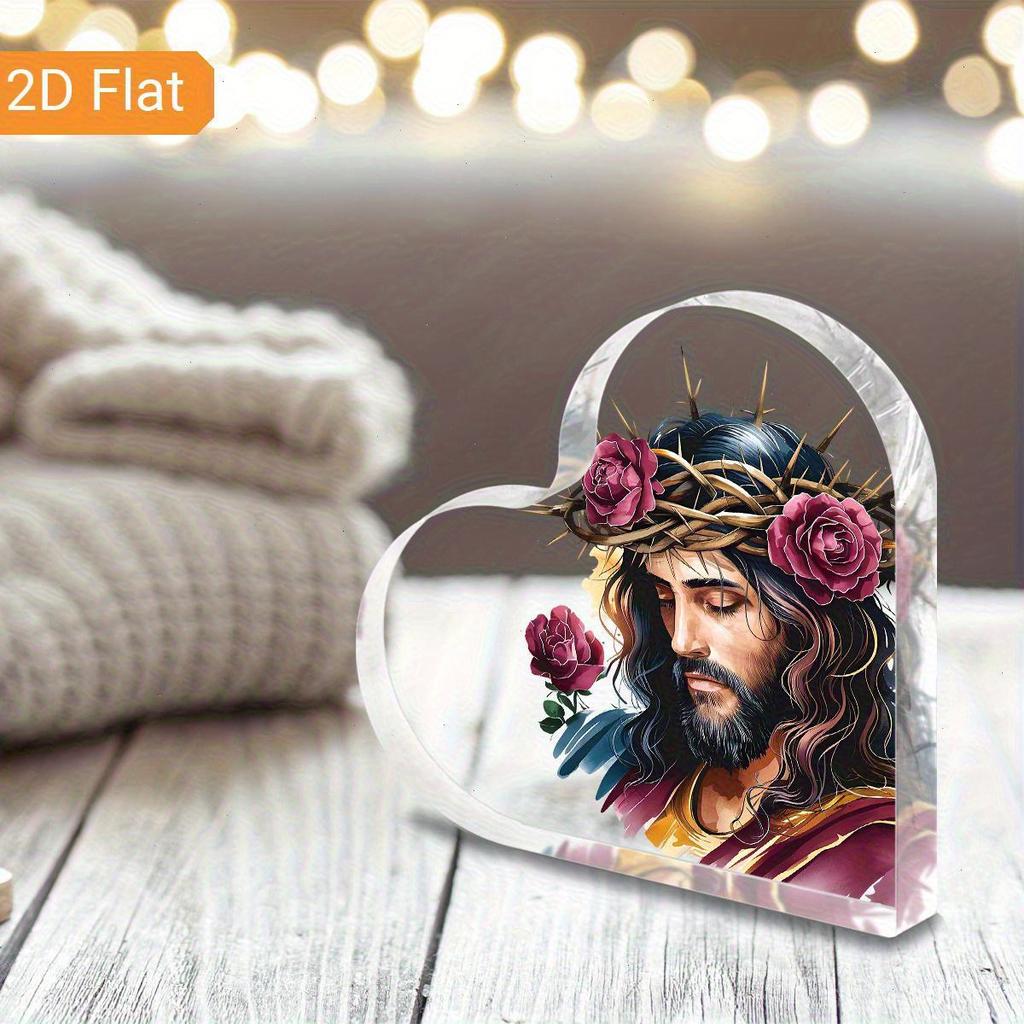 1pc Heart-Shaped Acrylic Easter Ornament - Art Deco Jesus Design with Thorny Crown & Floral Accents, Inspirational Christian Desk Decor for Home