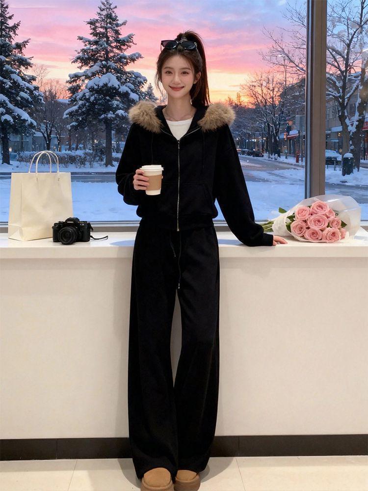 Women's Winter Red Sportswear Set with Fur Collar & Fleece Hoodie - Two-Piece Wide Leg Pants