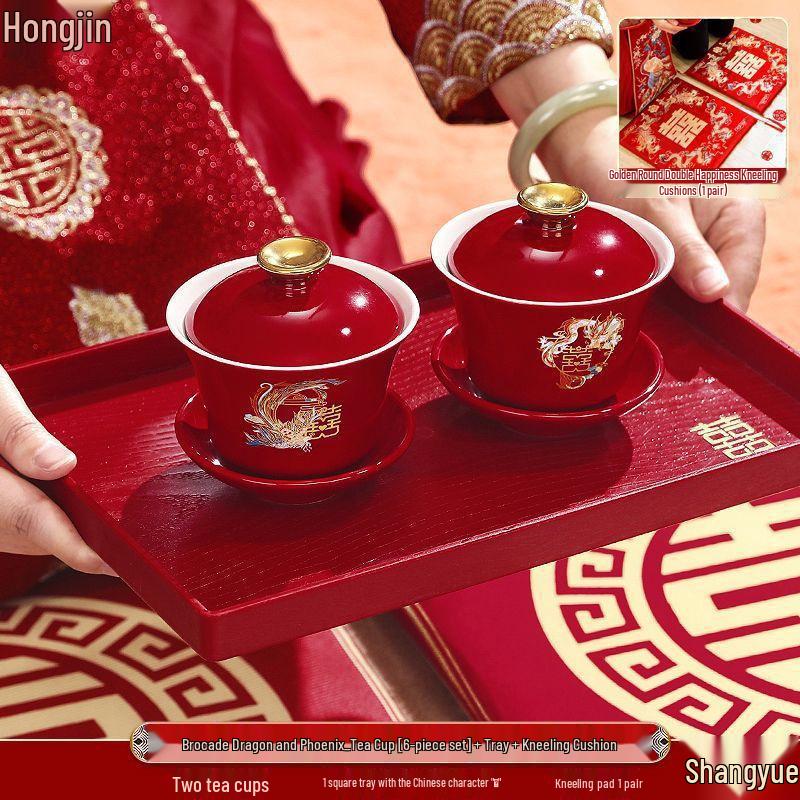 Festive Red Wedding Tea Set: Gaiwan, Chopsticks, Happy Bowl & Pair Bowls
