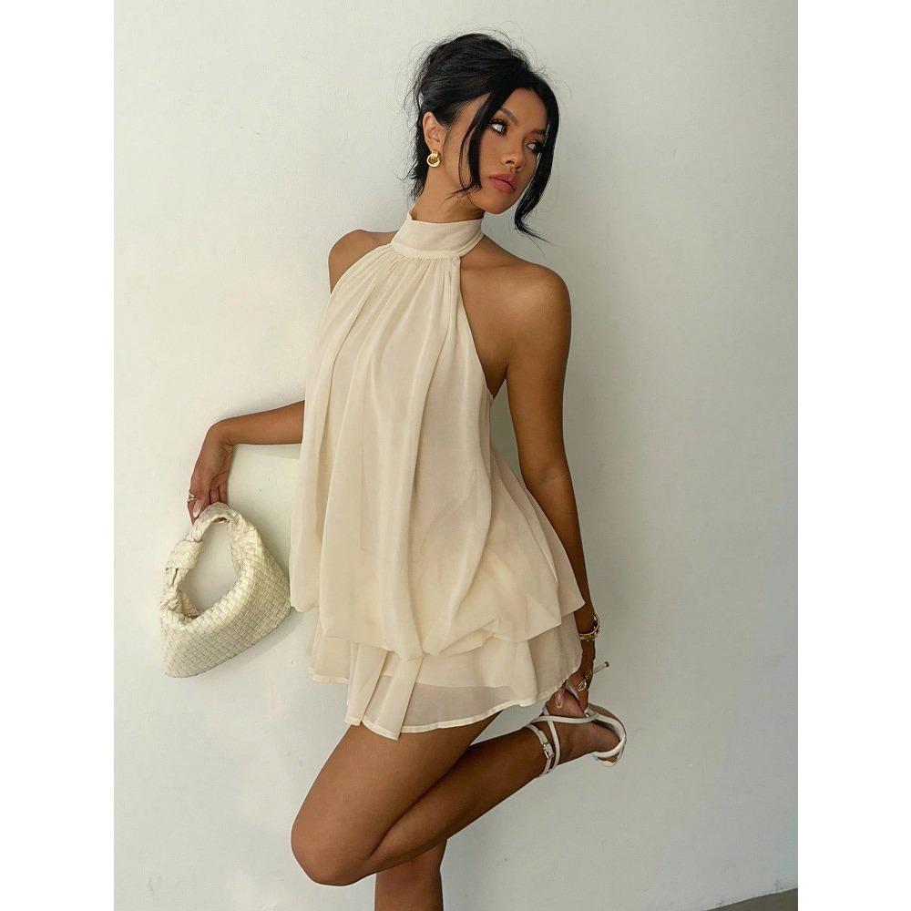 Women s Halter Sleeveless Solid Chiffon Mini Dress Loose Fit Backless Layered Flowy Party Short Dress S абрикосовый