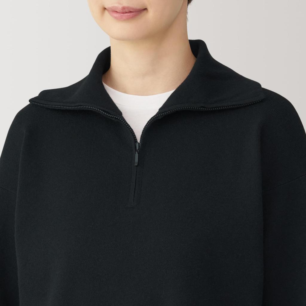 MUJI Washable Milan Rib Knit Size BA1OZA4A Women's Half-Zip Sweater, Black, L,