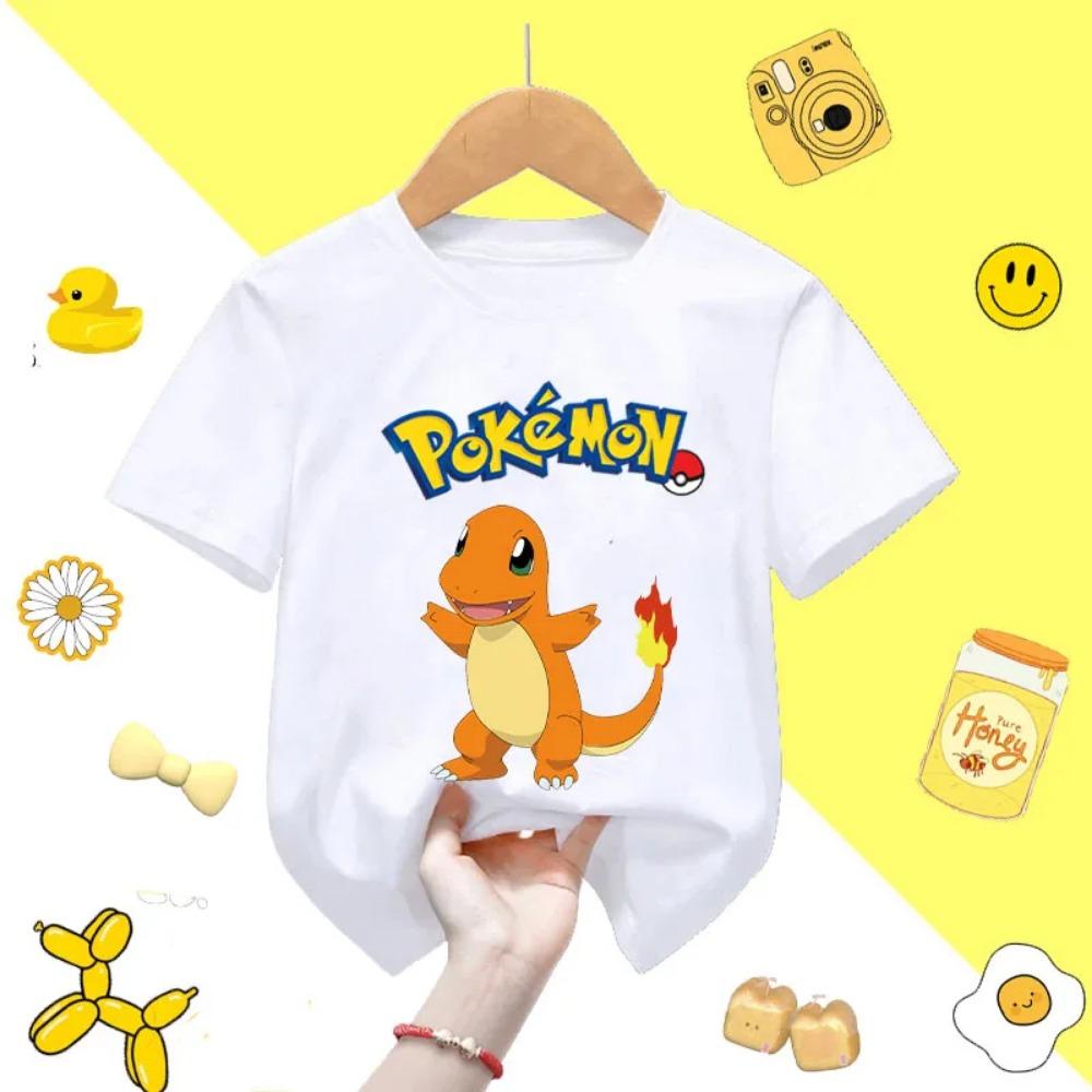Summer Children's Playful Pikachu Print Short-sleeved Casual T-shirt for Boys and Girls, Comfortable and Soft.