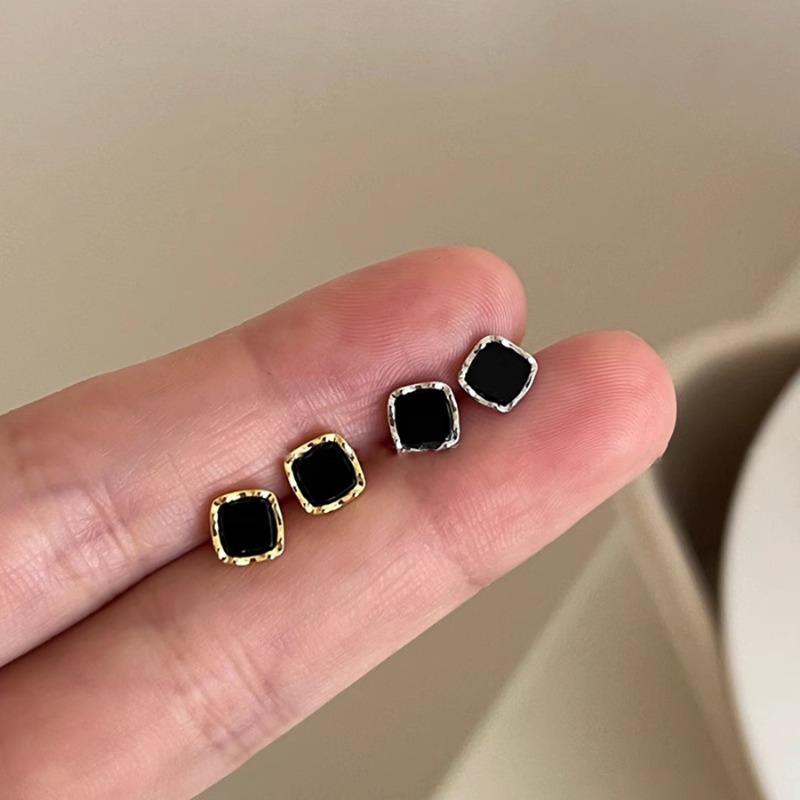 Compact and Casual Square Black Stud Earrings, Elegant and Sophisticated Silver Needle Earrings