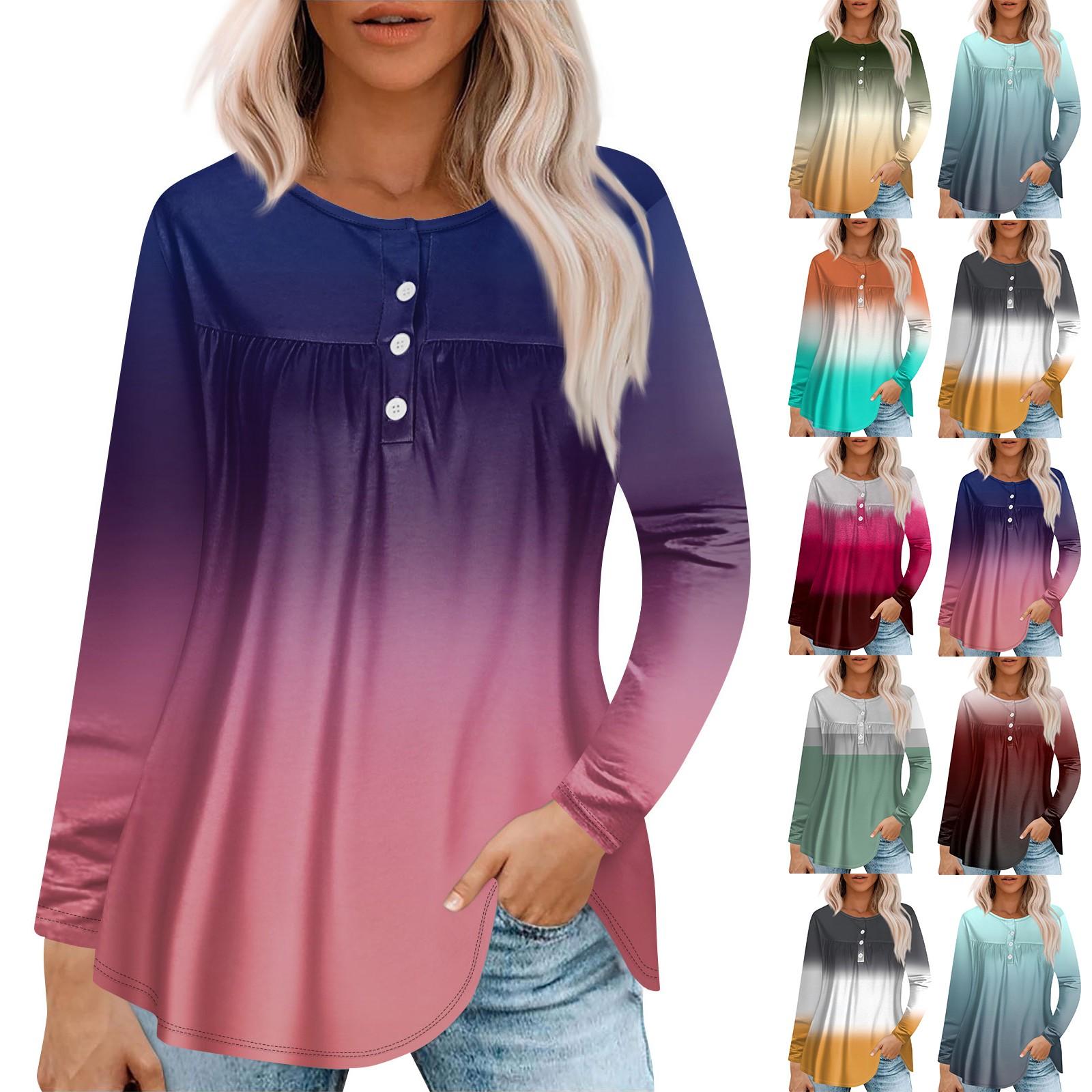 

Женская модная повседневная футболка с длинным рукавом, круглым вырезом, пуговицами, пэчворком, плиссированным градиентным принтом M циан