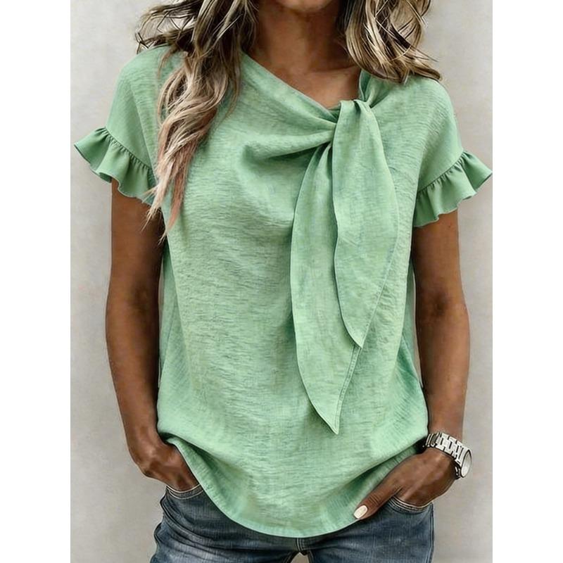Damen Einfarbige Asymmetrischer Hals Fliege Rüsche Kurzarm Bluse