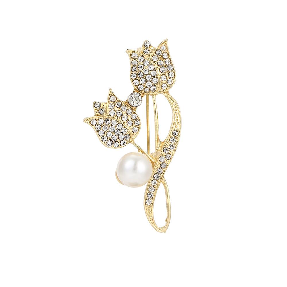 Diamond Temperament Tulip Pearl Brooch, Light Luxury High-End Coat Corsage Suit Pin Women