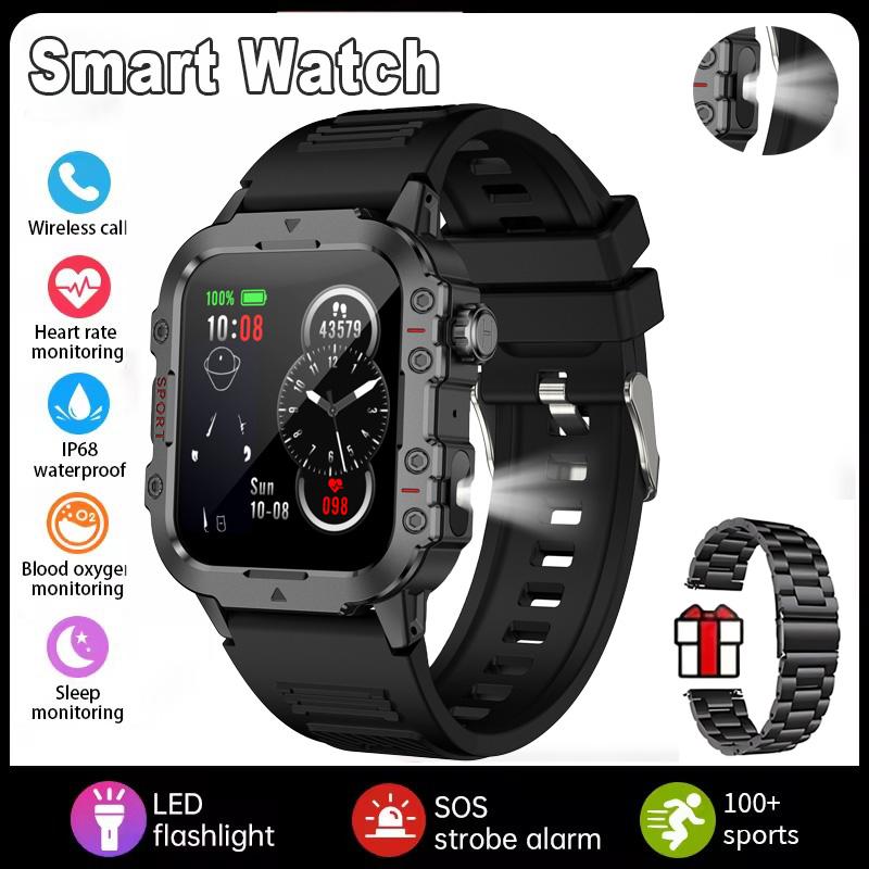 New Outdoors Smart Watch LED Flashlight IP68 WaterProof Multi-Sport Mode Heart Rate Blood Oxygen Monitoring Men Smartwatch