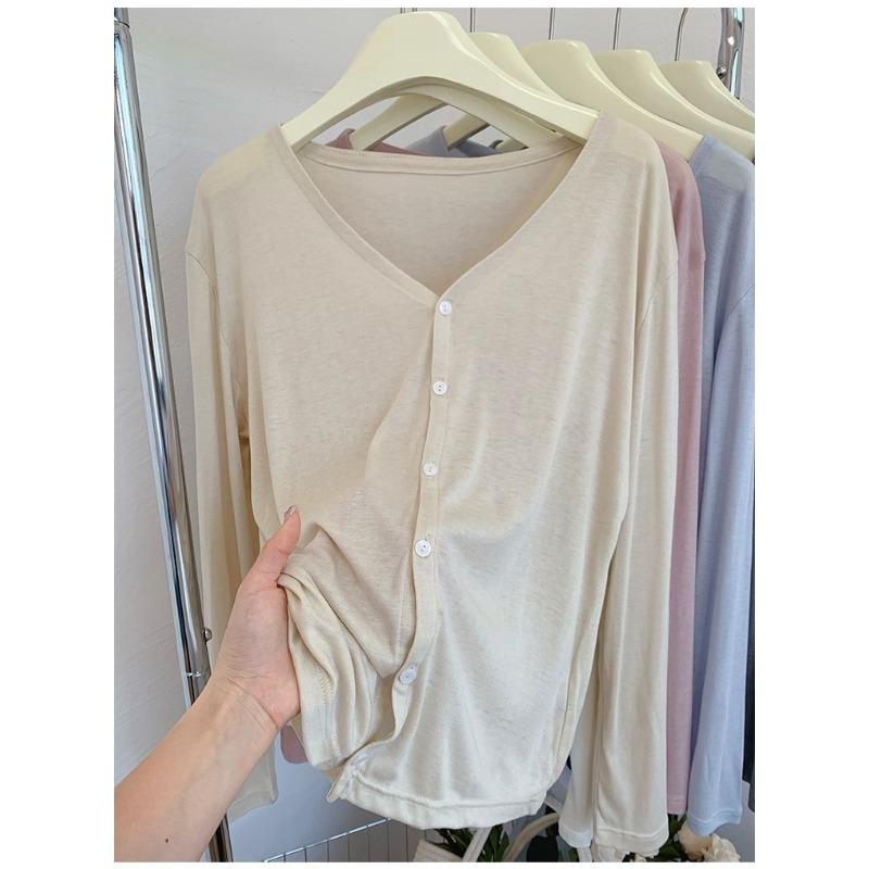 Beiges V-Ausschnitt Knopfleisten-Langarmtop Dehnbarer Weicher Stoff Lockere Bequeme Passform Damen Alltagsbluse