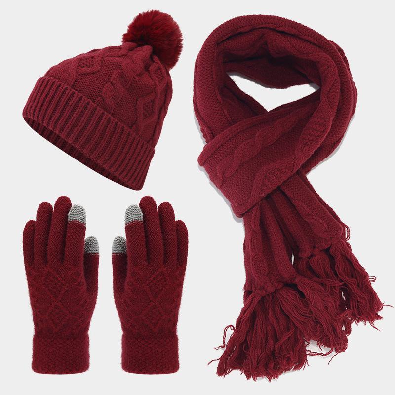 

Stylish new twist with tassel and velvet thermal hat, scarf and gloves three-piece autumn and winter thermal suit