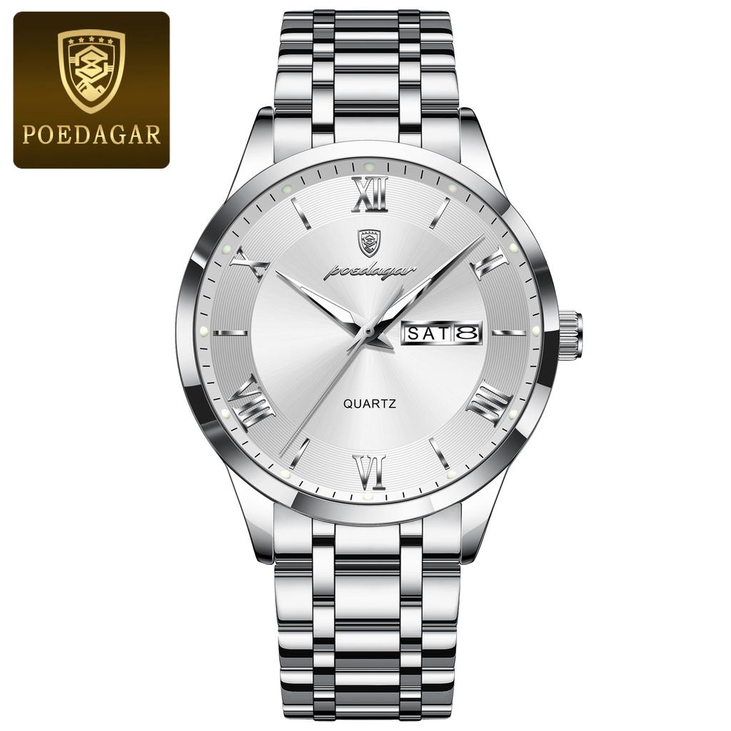 POEDAGAR Luxury Fashion Men Clock Waterproof Luminous Week Date Sports Wristwatch Stainless Steel Quartz Watches Reloj