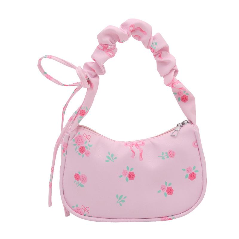 Sweet underarm bag women's new bow floral handbag niche drawstring versatile shoulder bag