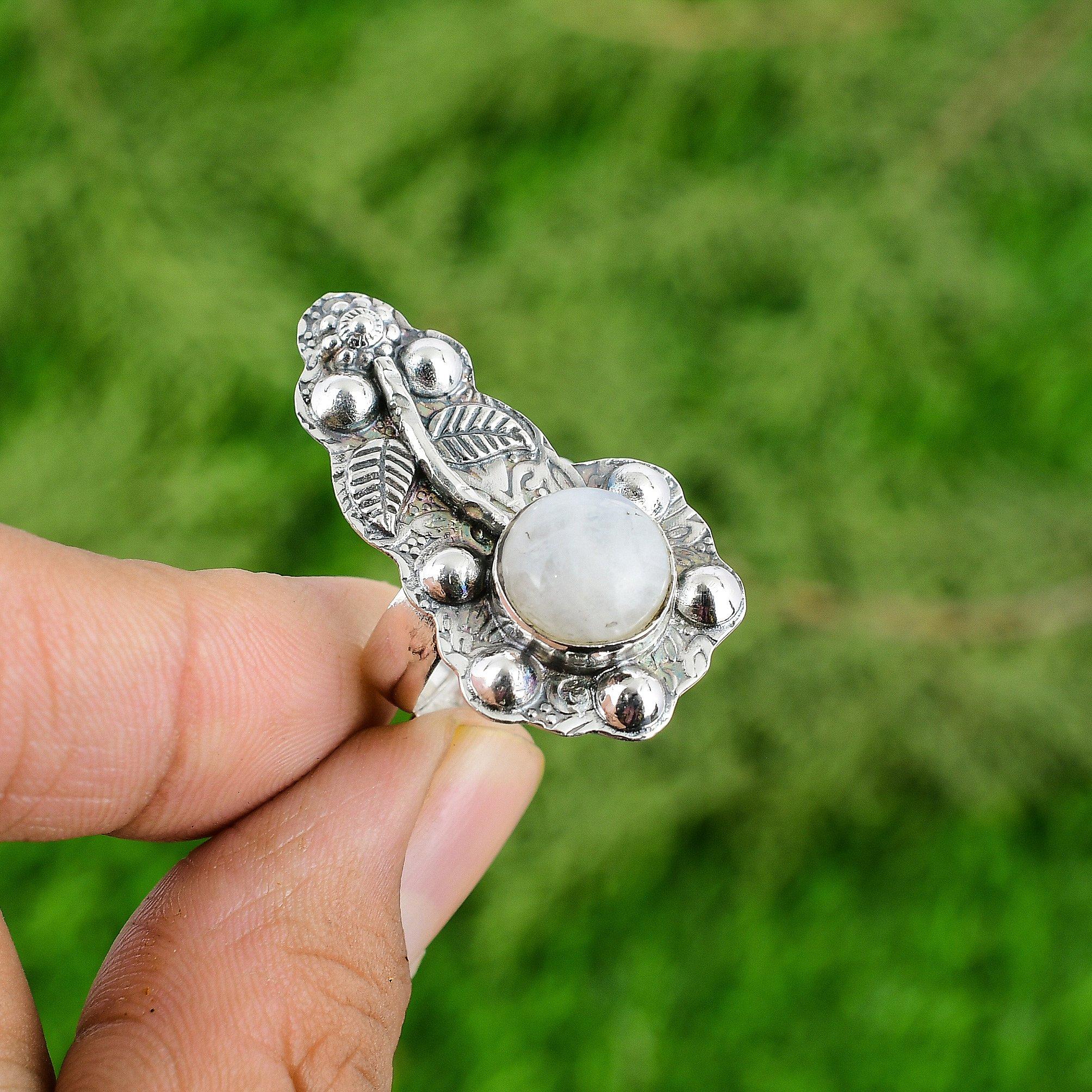 

925 Silver Round Natural Rainbow Moonstone Sister Flower Crown Chakra Boho Ring Adjustable
